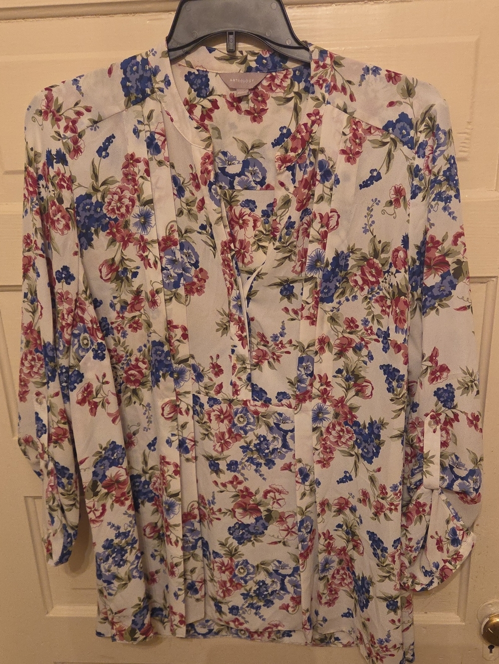 Floral Split-Neck Tunic in Cream with Blue & Pink Blooms